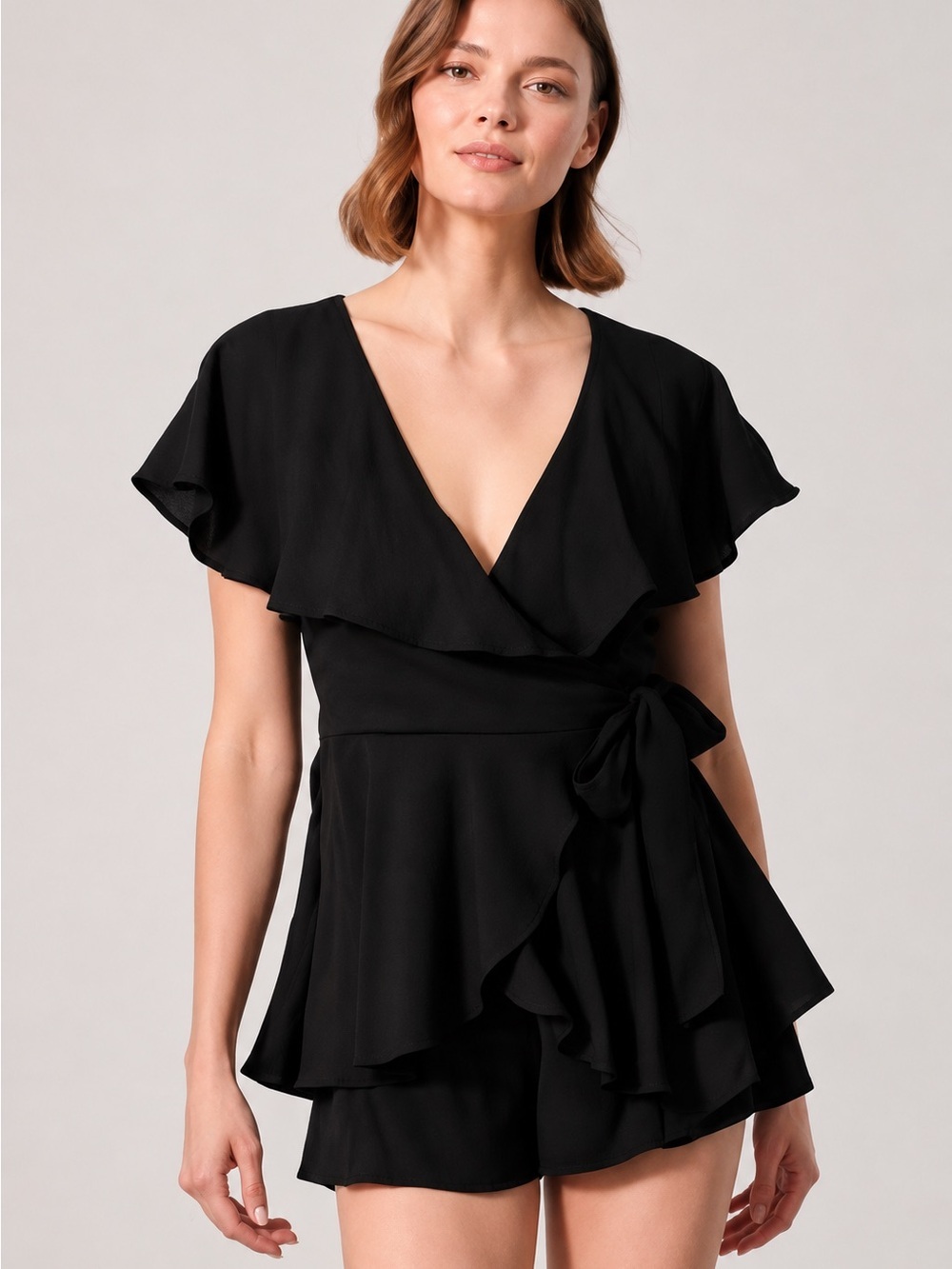 DO+BE Black Pageant Wrap Romper with Ruffle Skirt NWT size M